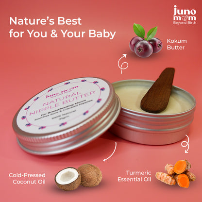 Juno Mom Natural Nipple Butter Ingredients | Cold-pressed coconut oil | Turmeric Essential